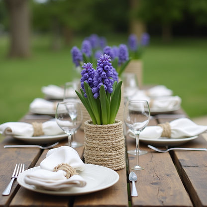 water hyacinth napkin rings on placemats  on a picnic table